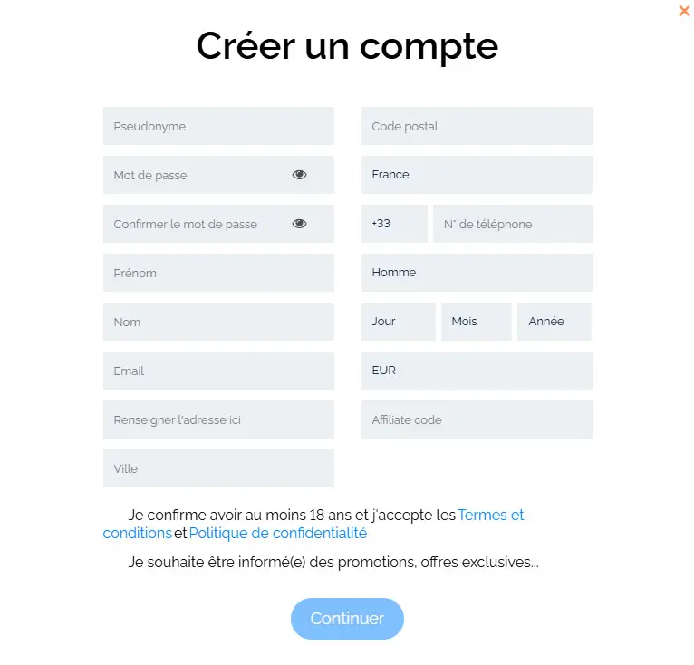 Processus d'inscription MONSTER WIN CASINO